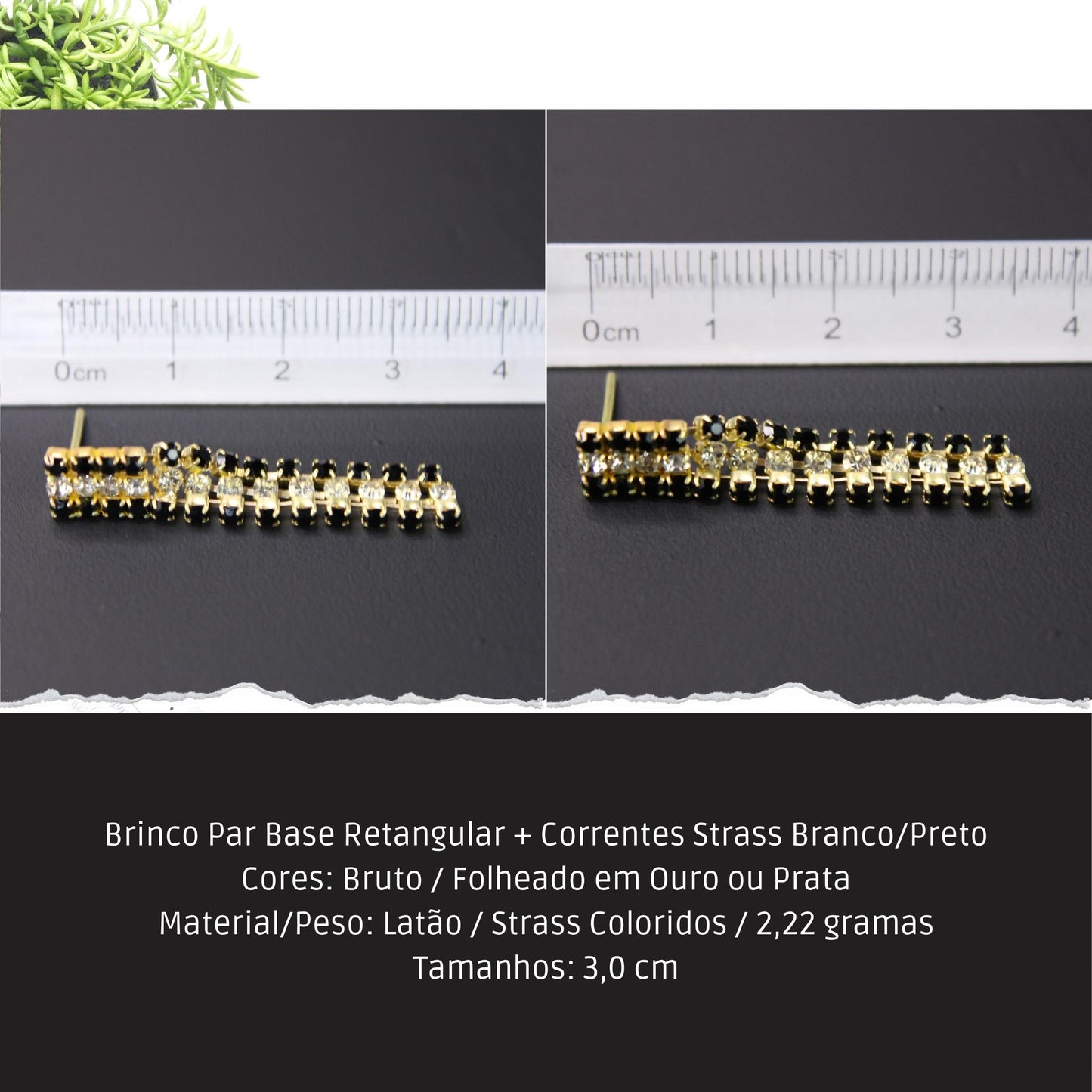 Brinco Par Base Retangular + Correntes Strass Branco/Preto  - Código.: BR230063AIBR  - Peso.: 2.2 gr