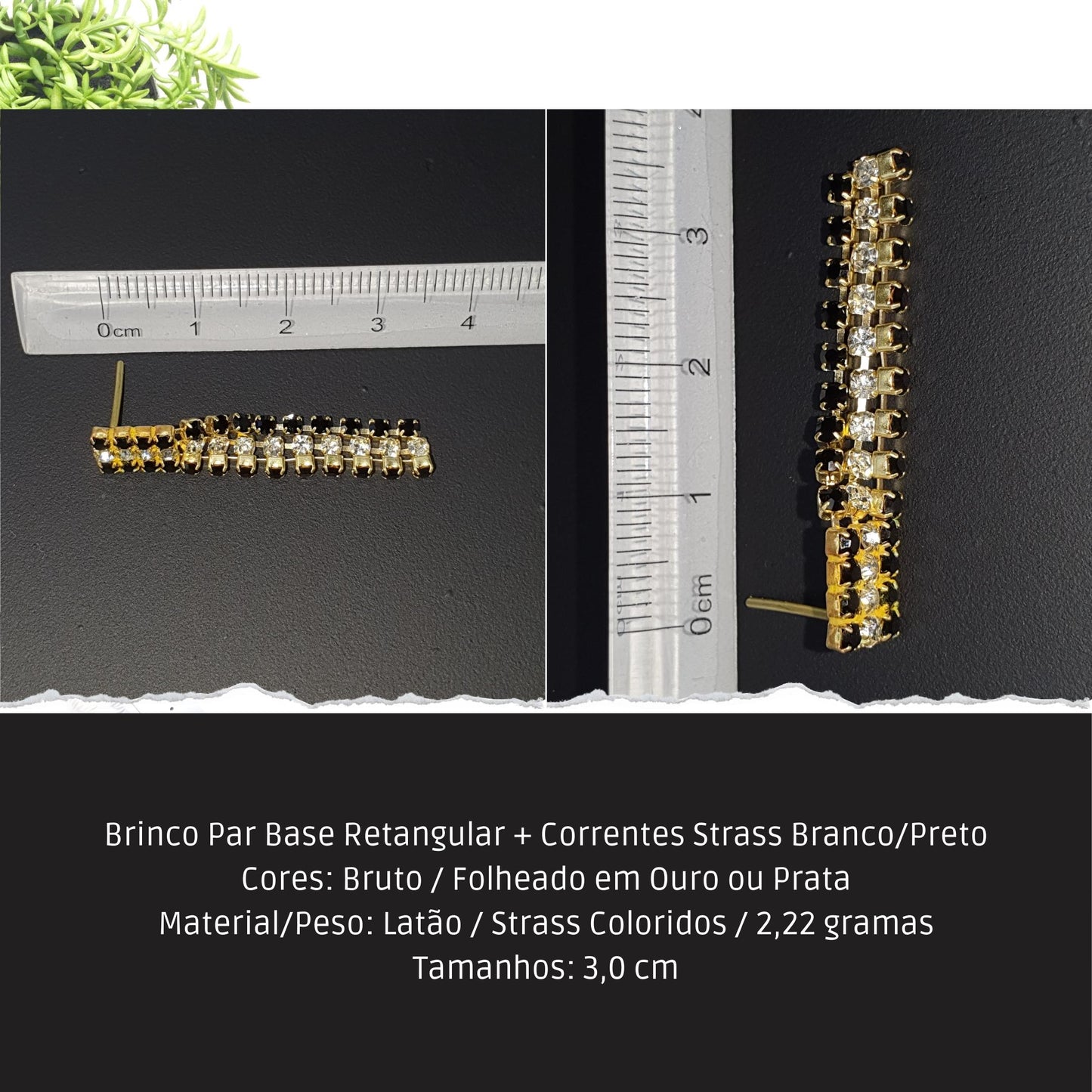 Brinco Par Base Retangular + Correntes Strass Branco/Preto  - Código.: BR230063AIBR  - Peso.: 2.2 gr