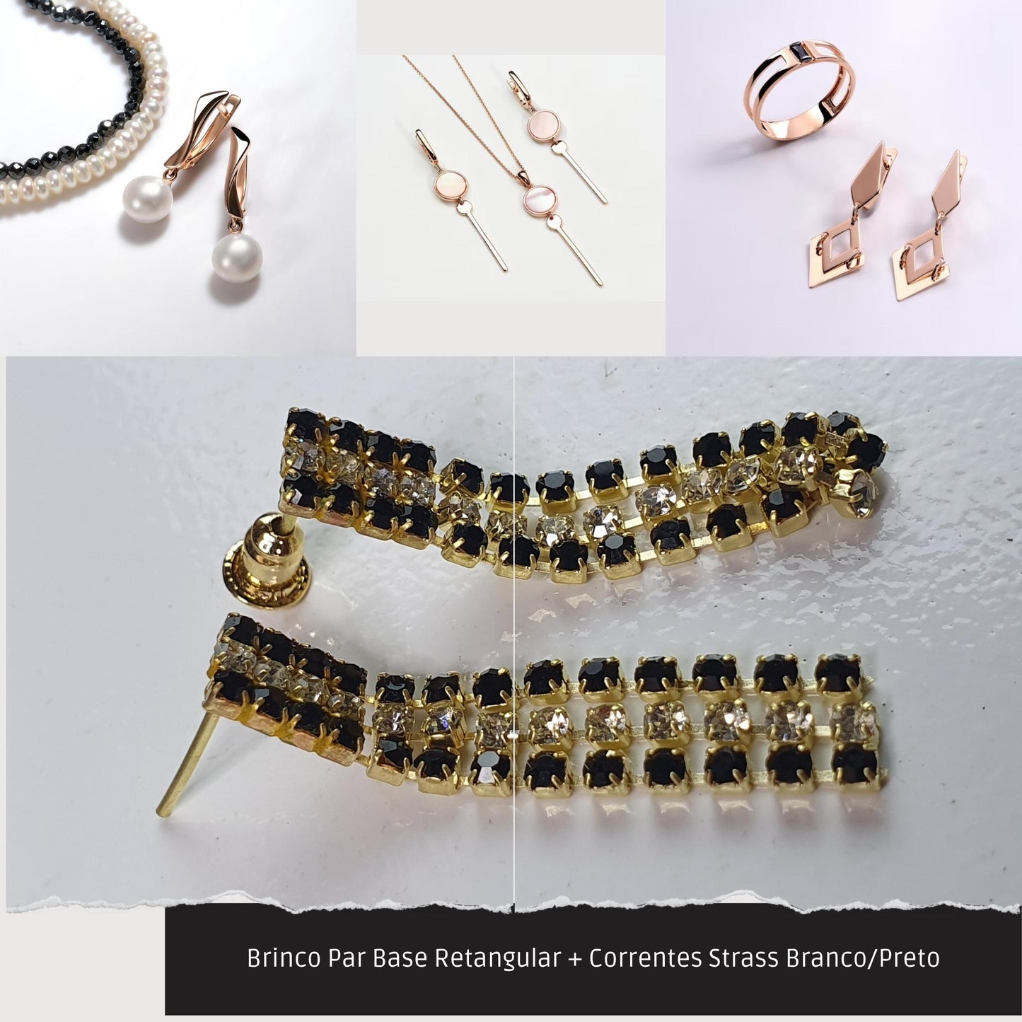 Brinco Par Base Retangular + Correntes Strass Branco/Preto  - Código.: BR230063AIBR  - Peso.: 2.2 gr