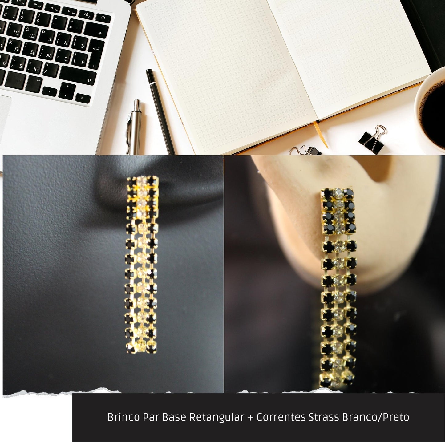Brinco Par Base Retangular + Correntes Strass Branco/Preto  - Código.: BR230063AIBR  - Peso.: 2.2 gr