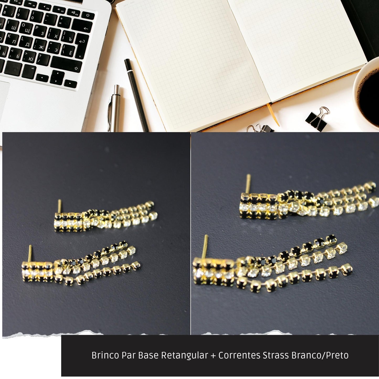 Brinco Par Base Retangular + Correntes Strass Branco/Preto  - Código.: BR230063AIBR  - Peso.: 2.2 gr