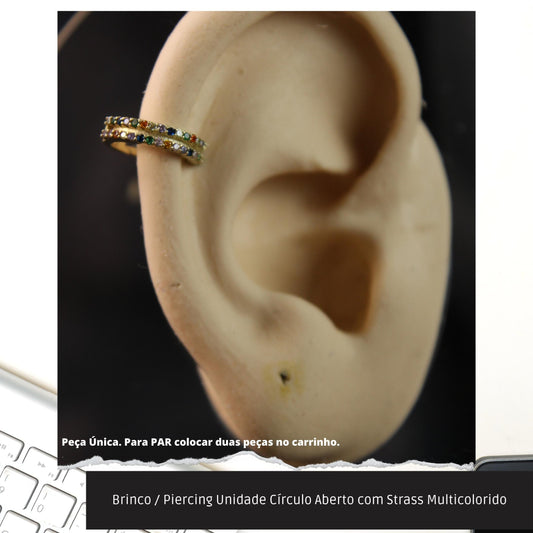 Brinco / Piercing Unidade Círculo Aberto com Strass Multicolorido  - Código.: BR230064AIBR  - Peso.: 0.9 gr
