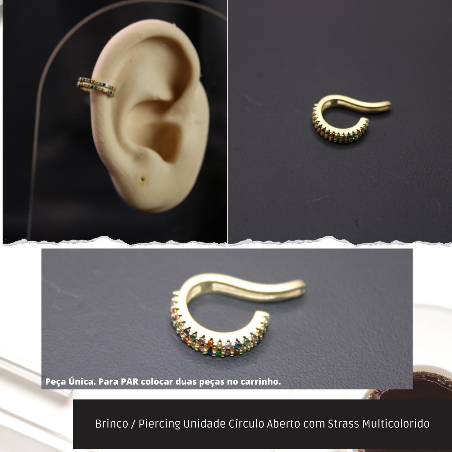 Brinco / Piercing Unidade Círculo Aberto com Strass Multicolorido  - Código.: BR230064AIBR  - Peso.: 0.9 gr