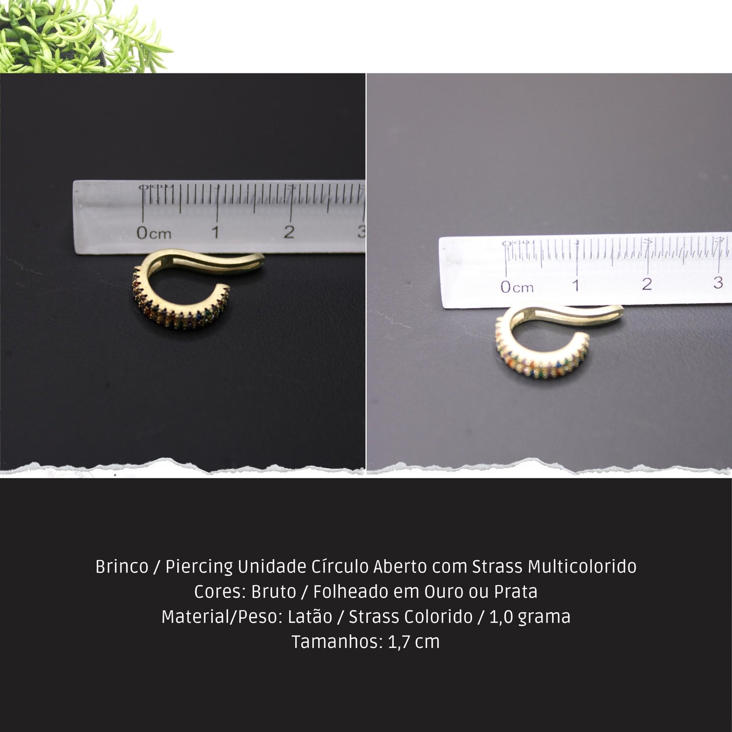 Brinco / Piercing Unidade Círculo Aberto com Strass Multicolorido  - Código.: BR230064AIBR  - Peso.: 0.9 gr