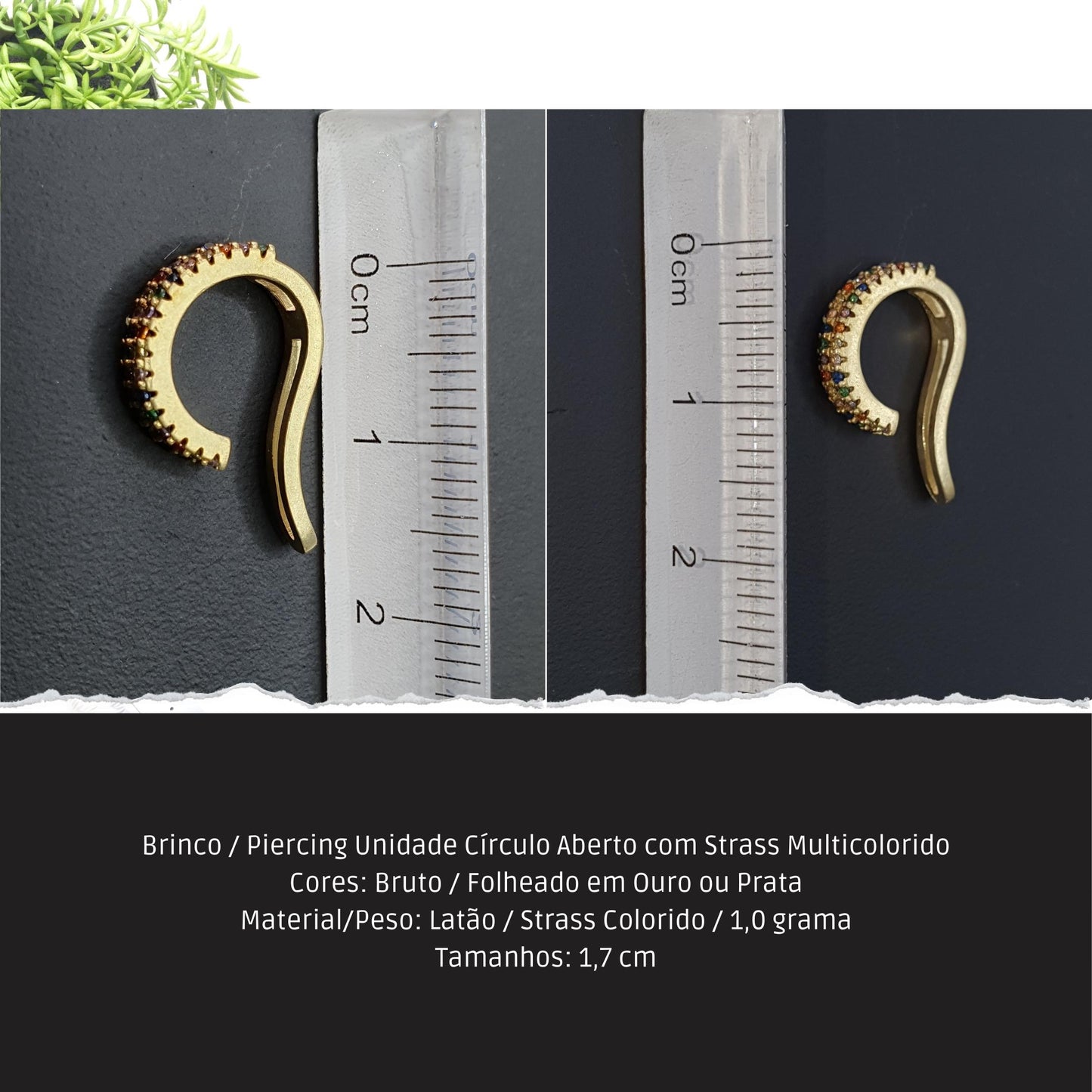 Brinco / Piercing Unidade Círculo Aberto com Strass Multicolorido  - Código.: BR230064AIBR  - Peso.: 0.9 gr