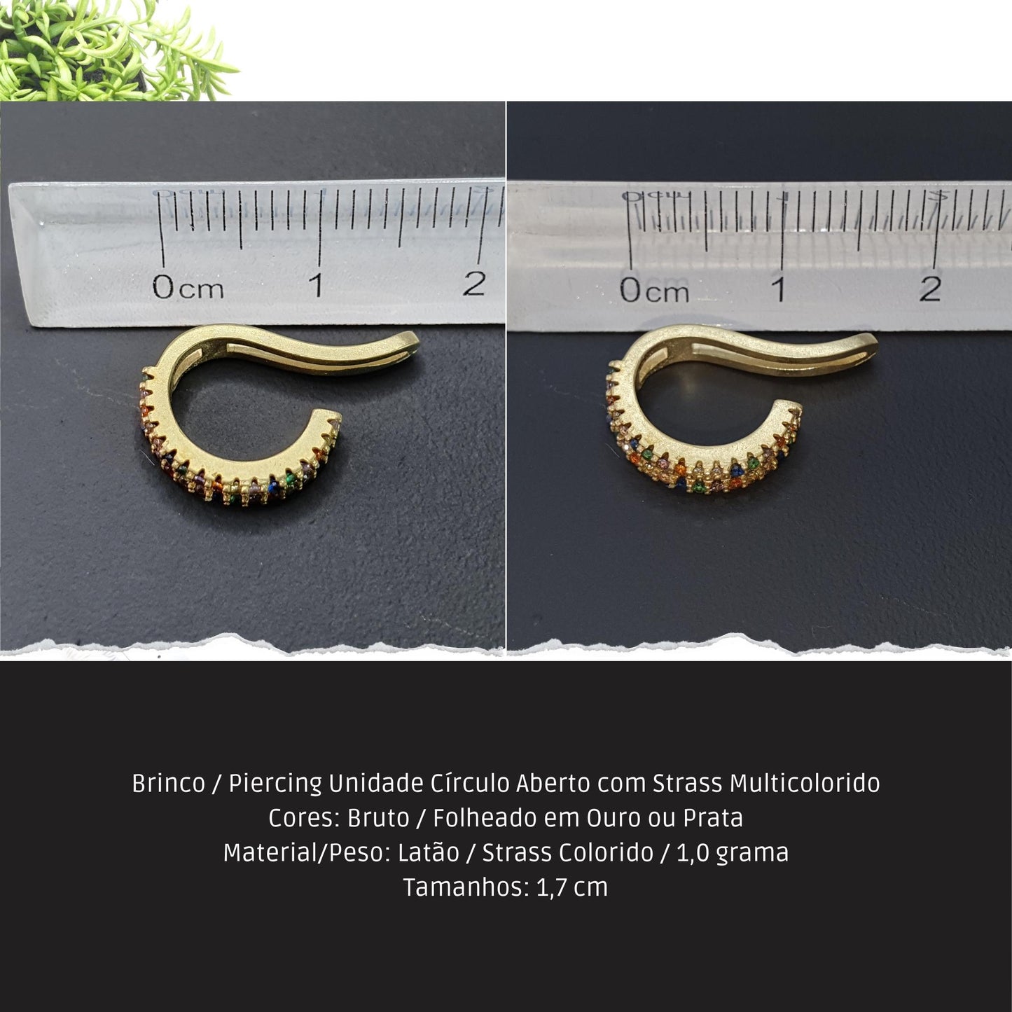 Brinco / Piercing Unidade Círculo Aberto com Strass Multicolorido  - Código.: BR230064AIBR  - Peso.: 0.9 gr