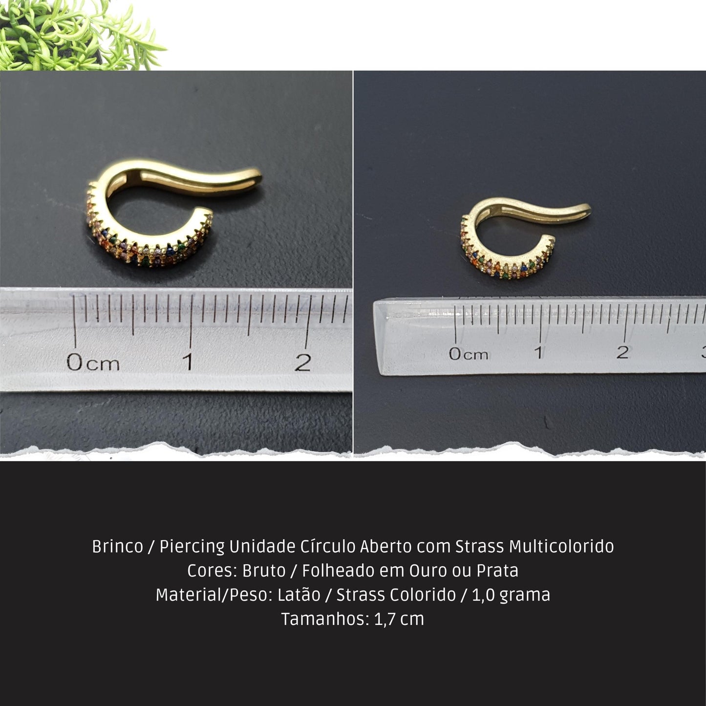 Brinco / Piercing Unidade Círculo Aberto com Strass Multicolorido  - Código.: BR230064AIBR  - Peso.: 0.9 gr