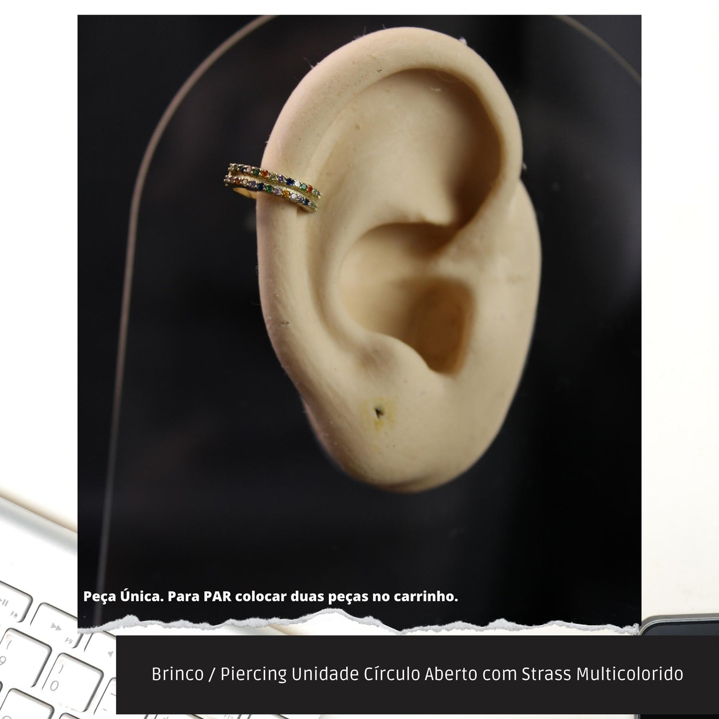 Brinco / Piercing Unidade Círculo Aberto com Strass Multicolorido  - Código.: BR230064AIBR  - Peso.: 0.9 gr