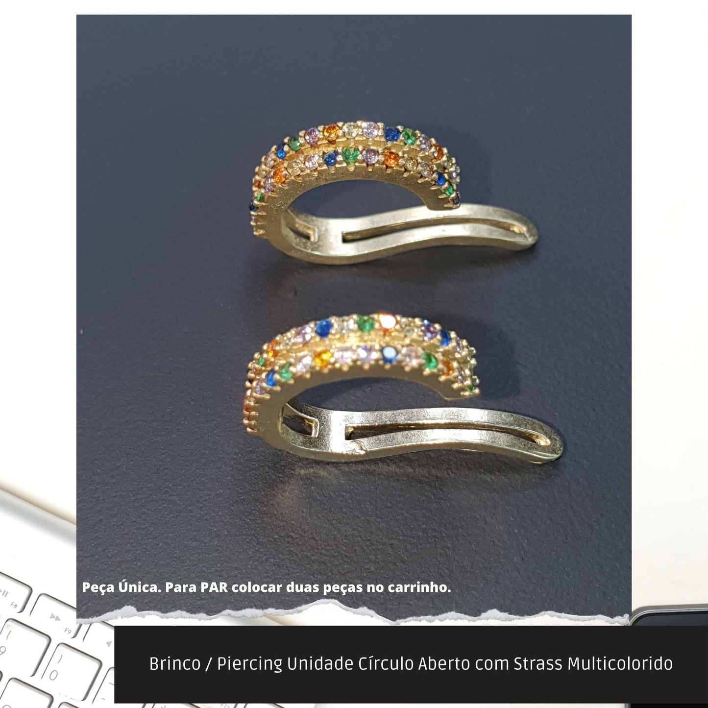 Brinco / Piercing Unidade Círculo Aberto com Strass Multicolorido  - Código.: BR230064AIBR  - Peso.: 0.9 gr