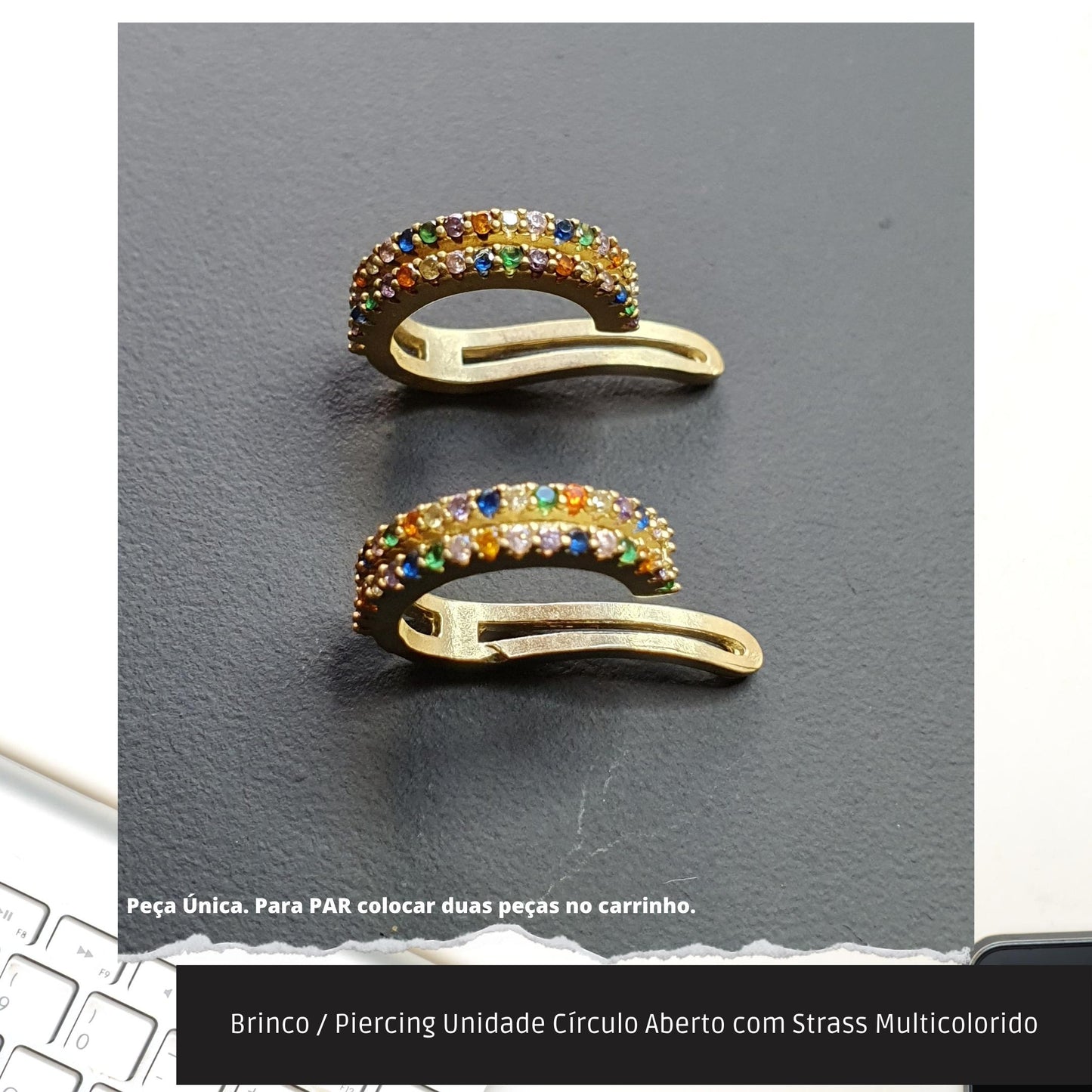 Brinco / Piercing Unidade Círculo Aberto com Strass Multicolorido  - Código.: BR230064AIBR  - Peso.: 0.9 gr