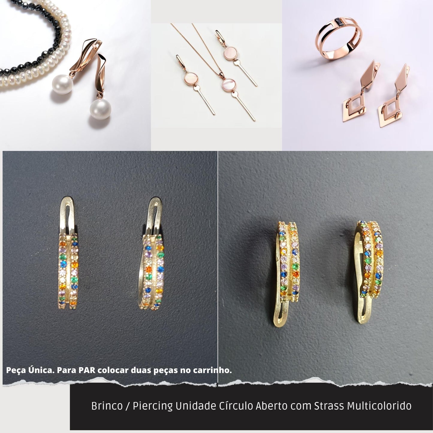 Brinco / Piercing Unidade Círculo Aberto com Strass Multicolorido  - Código.: BR230064AIBR  - Peso.: 0.9 gr