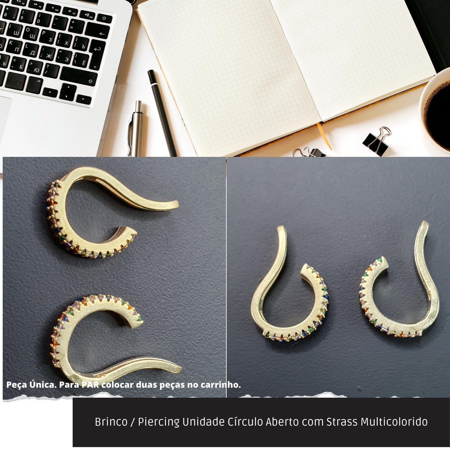 Brinco / Piercing Unidade Círculo Aberto com Strass Multicolorido  - Código.: BR230064AIBR  - Peso.: 0.9 gr