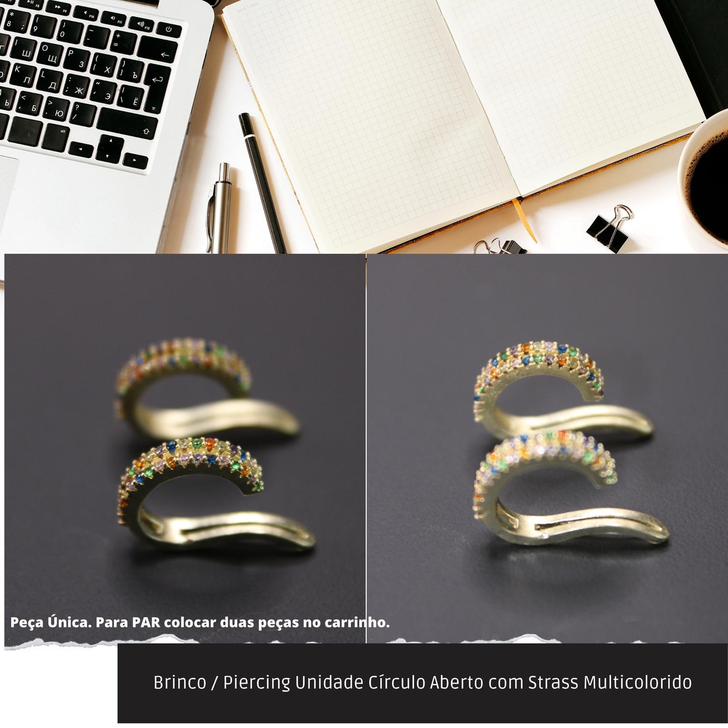 Brinco / Piercing Unidade Círculo Aberto com Strass Multicolorido  - Código.: BR230064AIBR  - Peso.: 0.9 gr