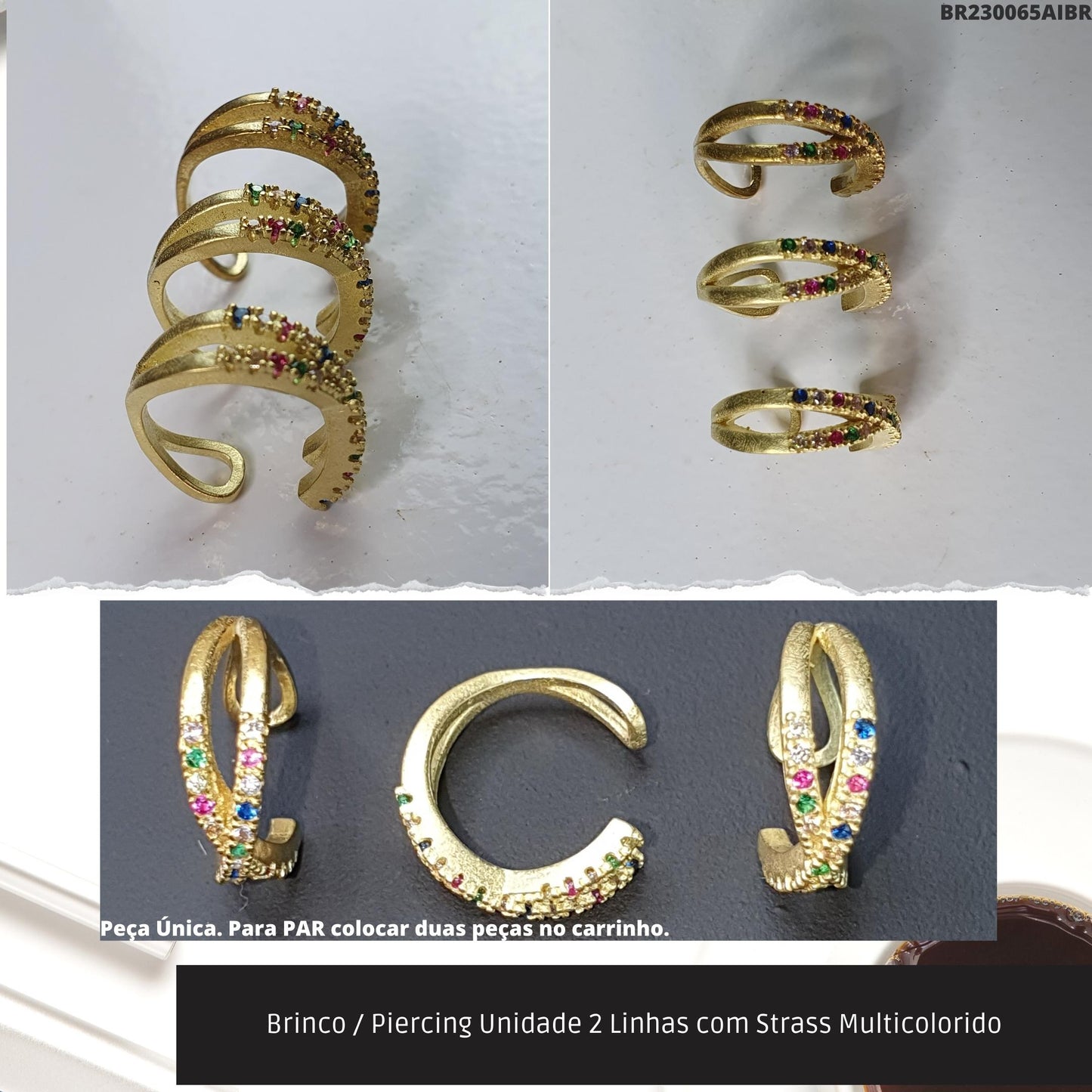 Brinco / Piercing Unidade 2 Linhas com Strass Multicolorido  - Código.: BR230065AIBR  - Peso.: 0.9 gr