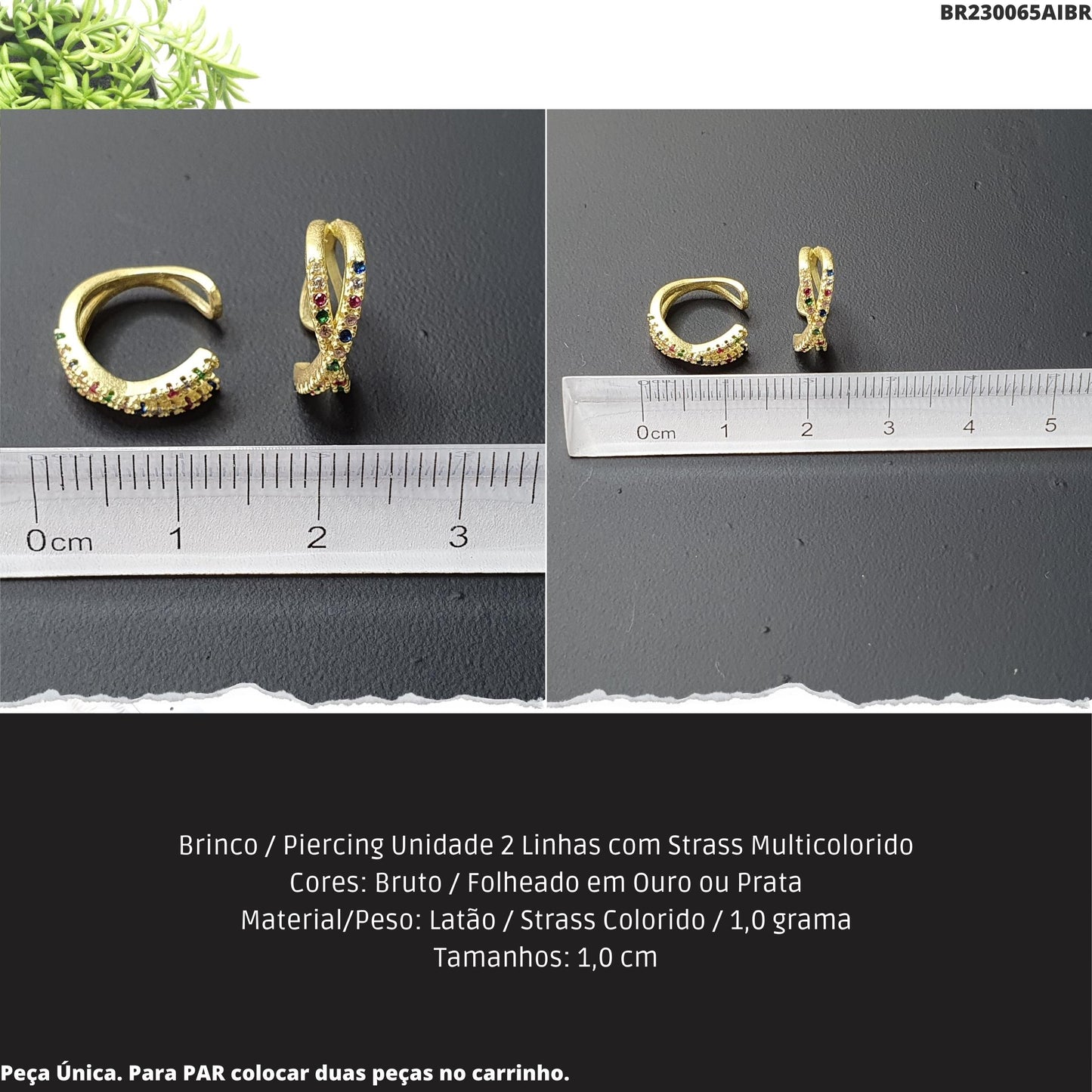 Brinco / Piercing Unidade 2 Linhas com Strass Multicolorido  - Código.: BR230065AIBR  - Peso.: 0.9 gr