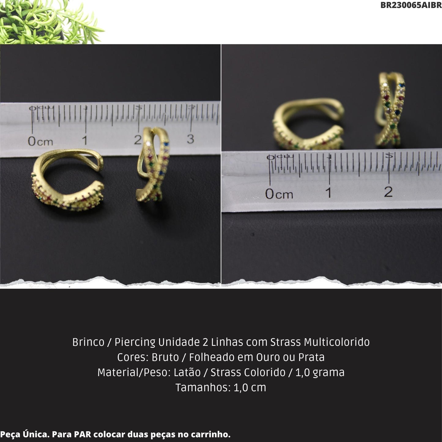 Brinco / Piercing Unidade 2 Linhas com Strass Multicolorido  - Código.: BR230065AIBR  - Peso.: 0.9 gr