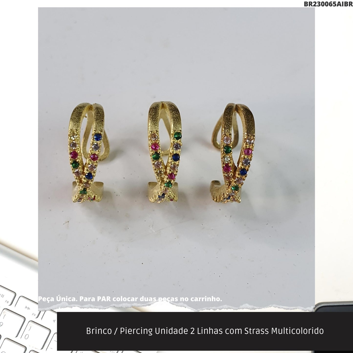 Brinco / Piercing Unidade 2 Linhas com Strass Multicolorido  - Código.: BR230065AIBR  - Peso.: 0.9 gr