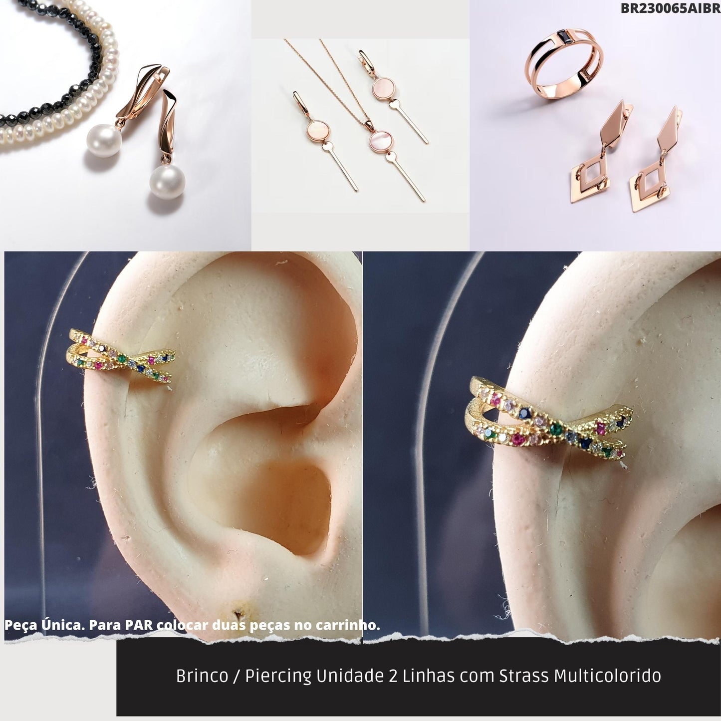 Brinco / Piercing Unidade 2 Linhas com Strass Multicolorido  - Código.: BR230065AIBR  - Peso.: 0.9 gr