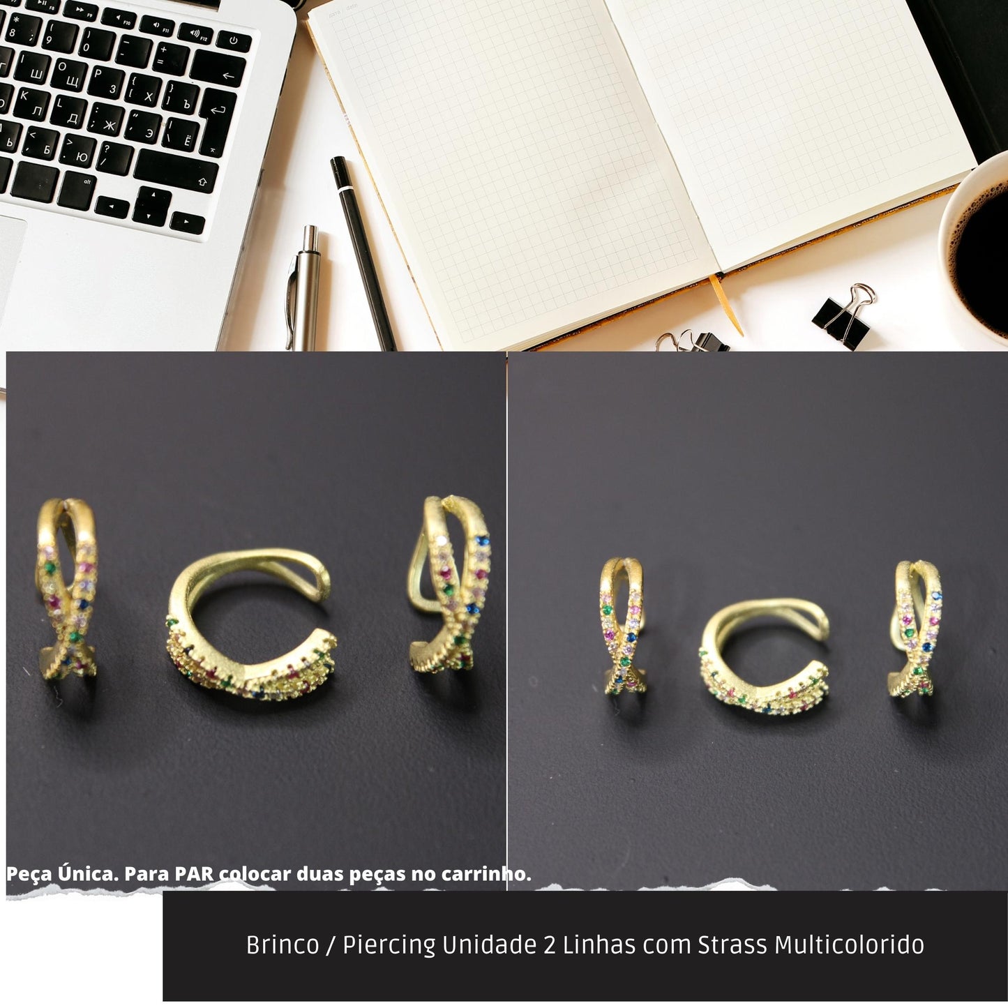 Brinco / Piercing Unidade 2 Linhas com Strass Multicolorido  - Código.: BR230065AIBR  - Peso.: 0.9 gr