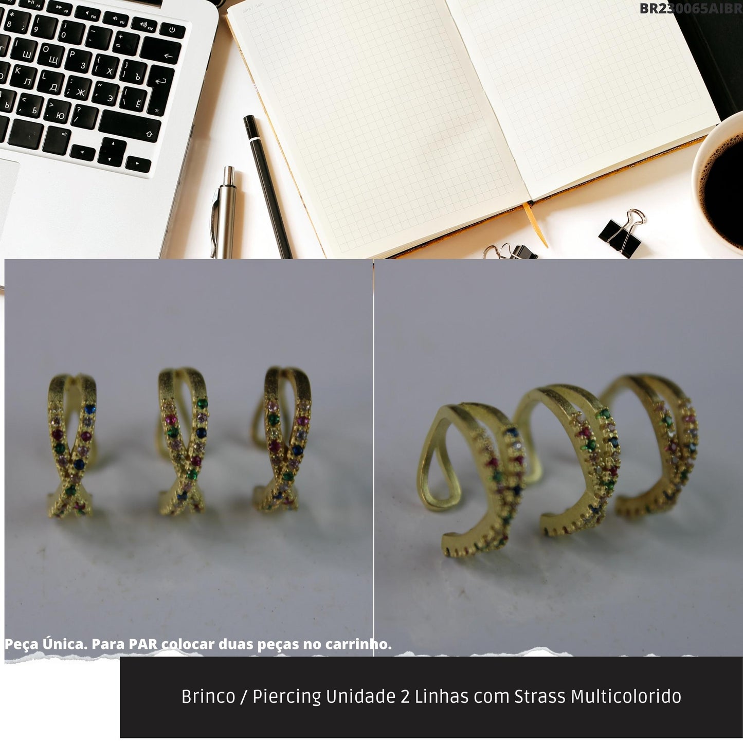 Brinco / Piercing Unidade 2 Linhas com Strass Multicolorido  - Código.: BR230065AIBR  - Peso.: 0.9 gr