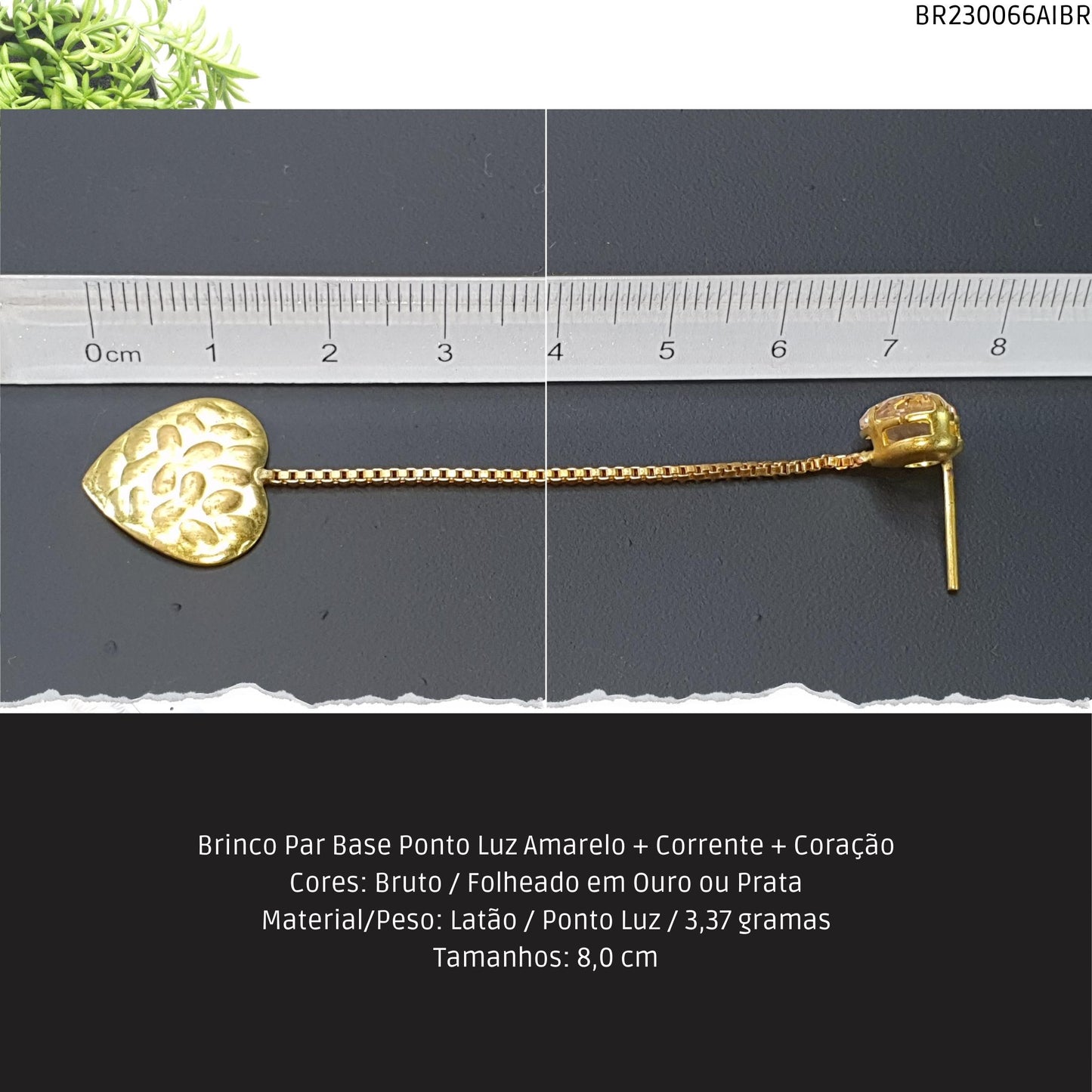 Brinco Par Base Ponto Luz Amarelo + Corrente + Coração  - Código.: BR230066AIBR  - Peso.: 3.4 gr