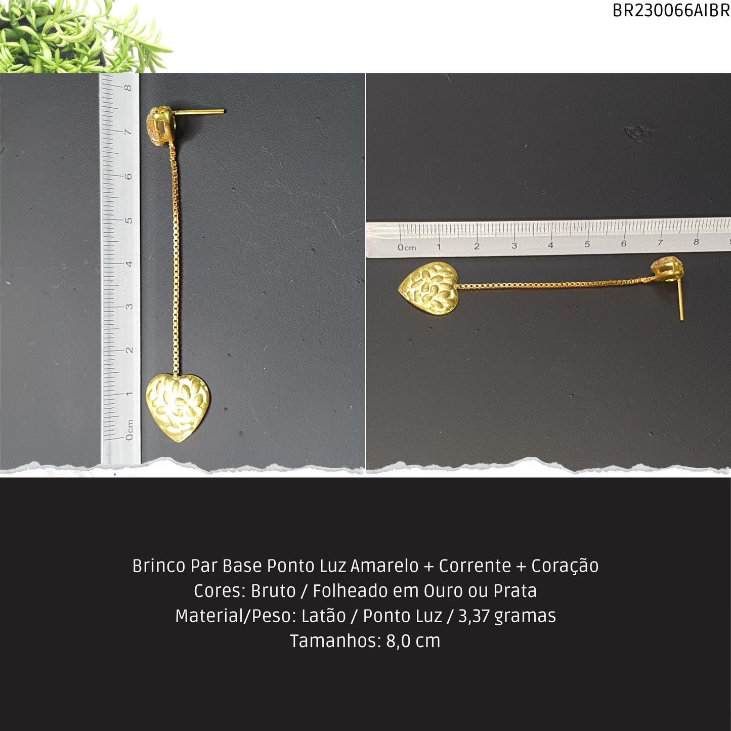 Brinco Par Base Ponto Luz Amarelo + Corrente + Coração  - Código.: BR230066AIBR  - Peso.: 3.4 gr