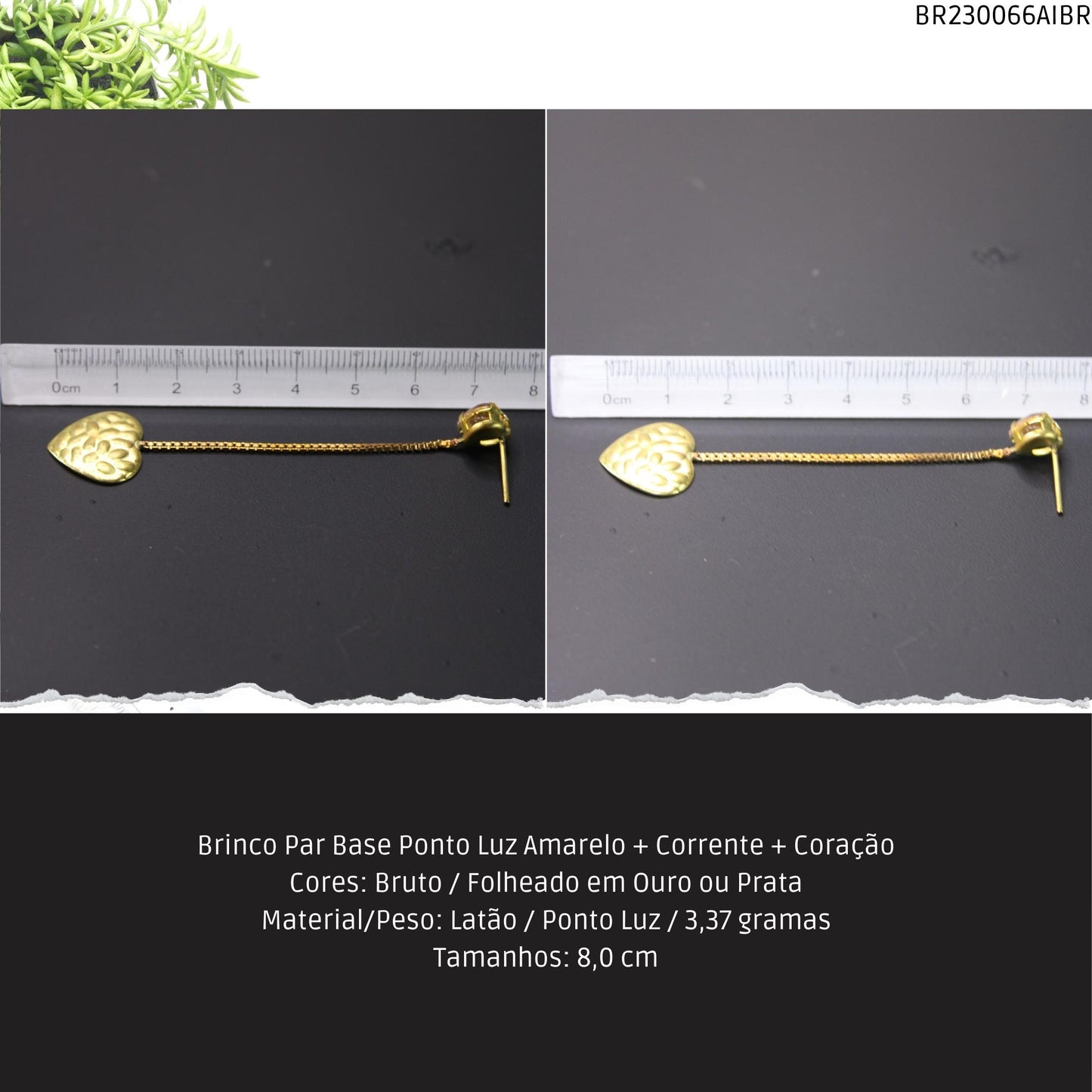 Brinco Par Base Ponto Luz Amarelo + Corrente + Coração  - Código.: BR230066AIBR  - Peso.: 3.4 gr
