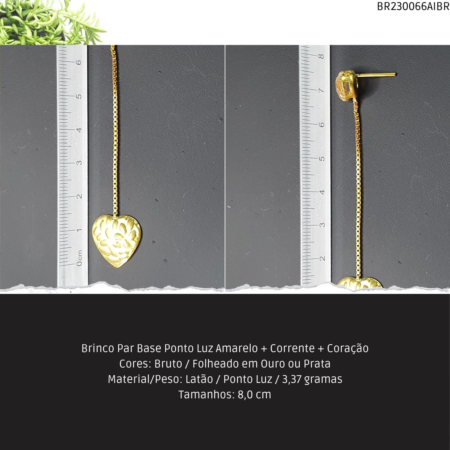 Brinco Par Base Ponto Luz Amarelo + Corrente + Coração  - Código.: BR230066AIBR  - Peso.: 3.4 gr