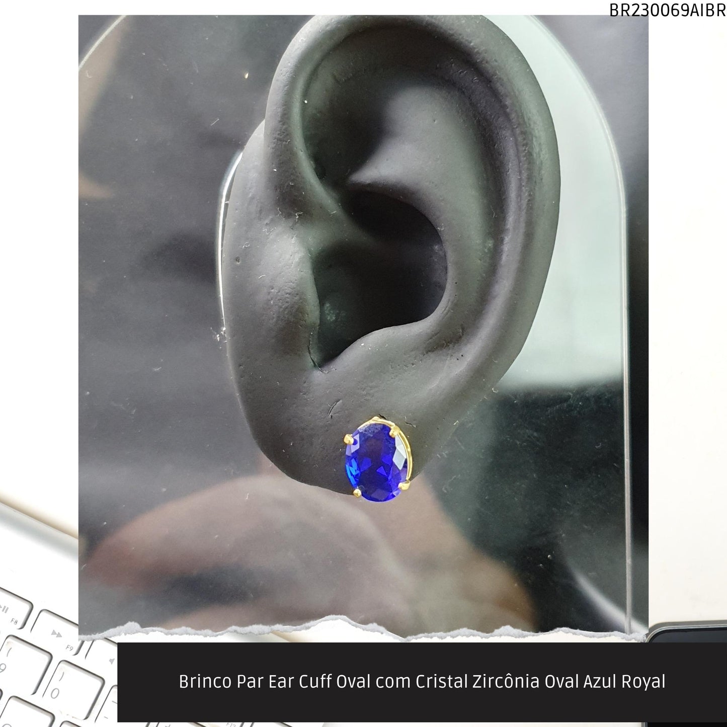 Brinco Par Ear Cuff Oval com Cristal Zircônía Oval Azul Royal  - Código.: BR230069AIBR  - Peso.: 1.6 gr