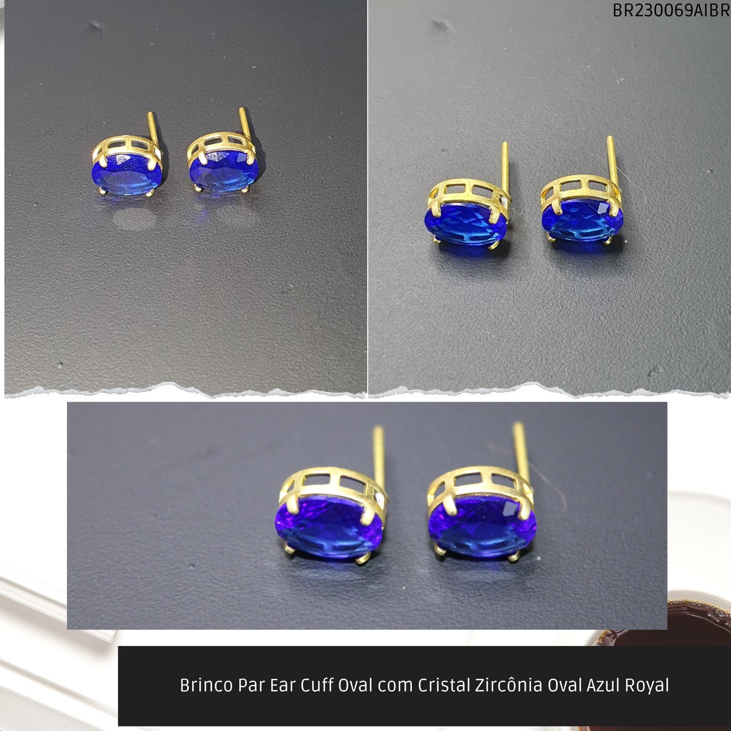 Brinco Par Ear Cuff Oval com Cristal Zircônía Oval Azul Royal  - Código.: BR230069AIBR  - Peso.: 1.6 gr