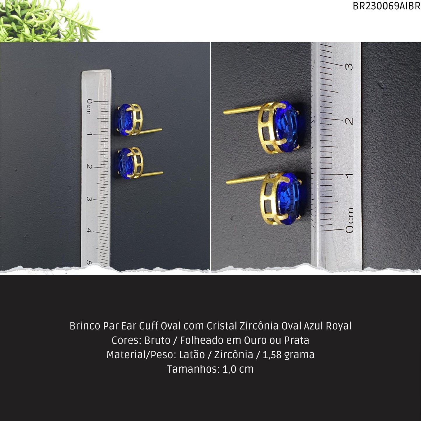Brinco Par Ear Cuff Oval com Cristal Zircônía Oval Azul Royal  - Código.: BR230069AIBR  - Peso.: 1.6 gr