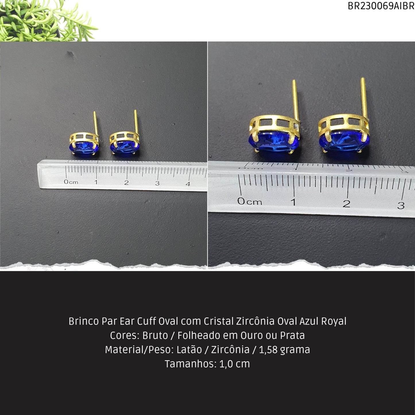 Brinco Par Ear Cuff Oval com Cristal Zircônía Oval Azul Royal  - Código.: BR230069AIBR  - Peso.: 1.6 gr
