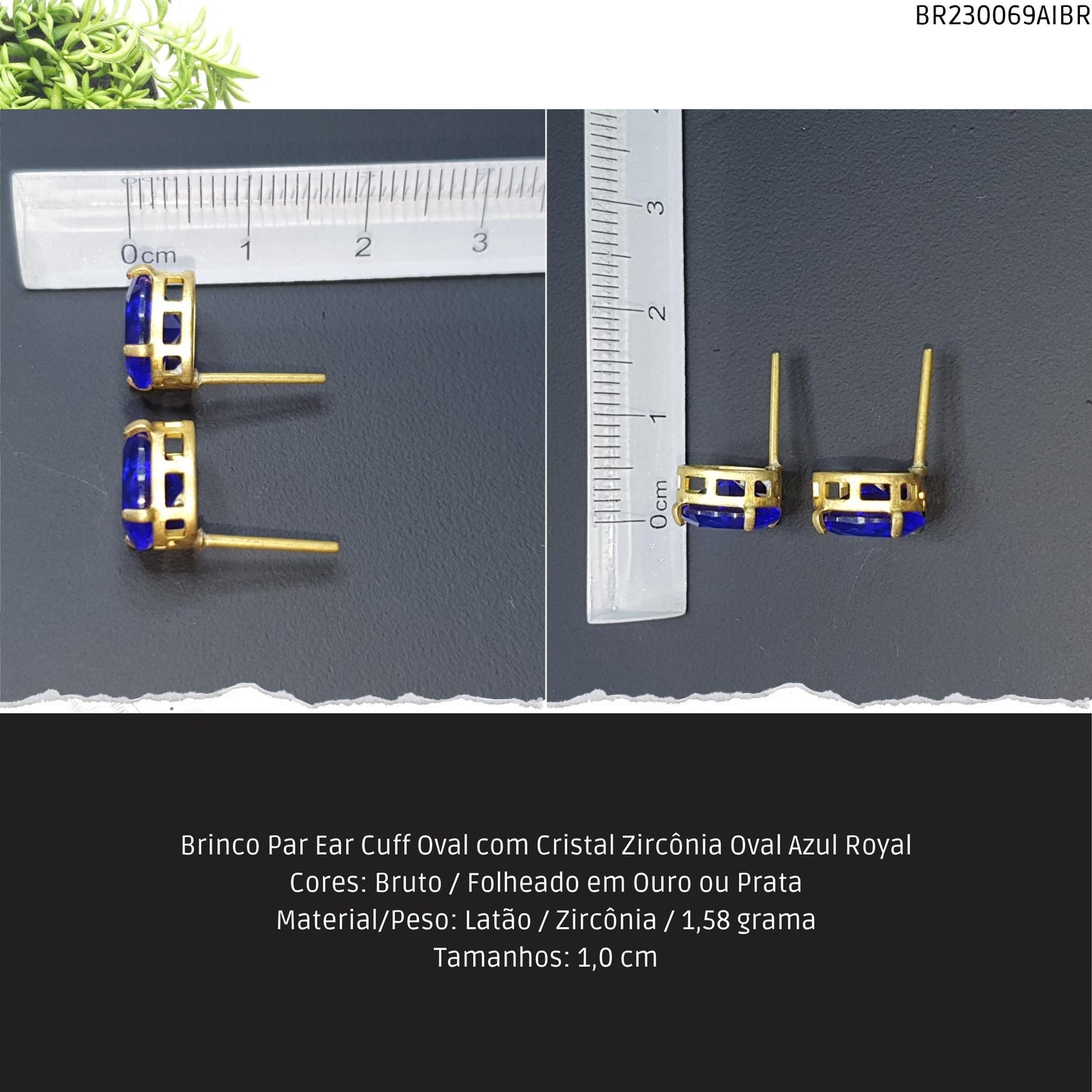 Brinco Par Ear Cuff Oval com Cristal Zircônía Oval Azul Royal  - Código.: BR230069AIBR  - Peso.: 1.6 gr