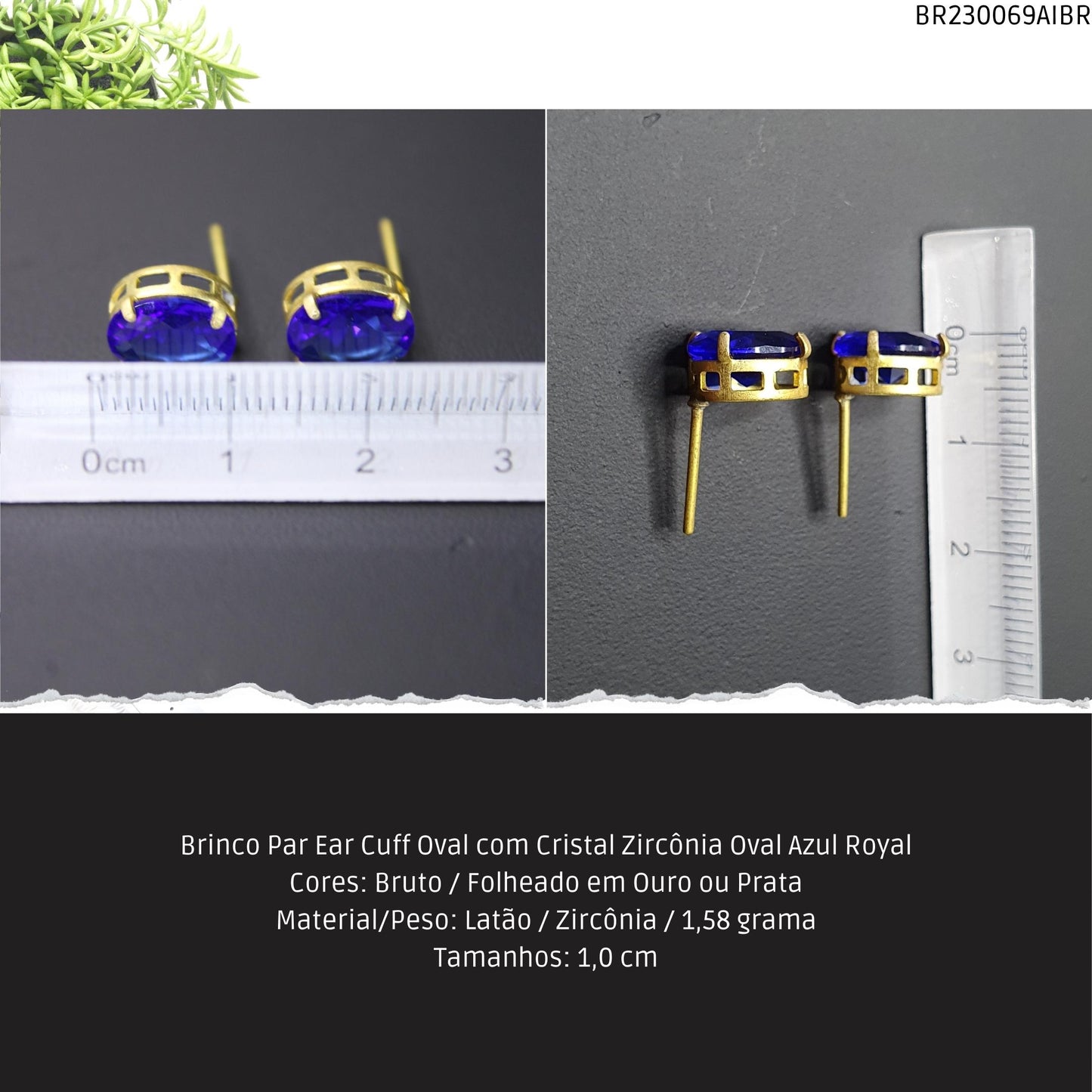 Brinco Par Ear Cuff Oval com Cristal Zircônía Oval Azul Royal  - Código.: BR230069AIBR  - Peso.: 1.6 gr