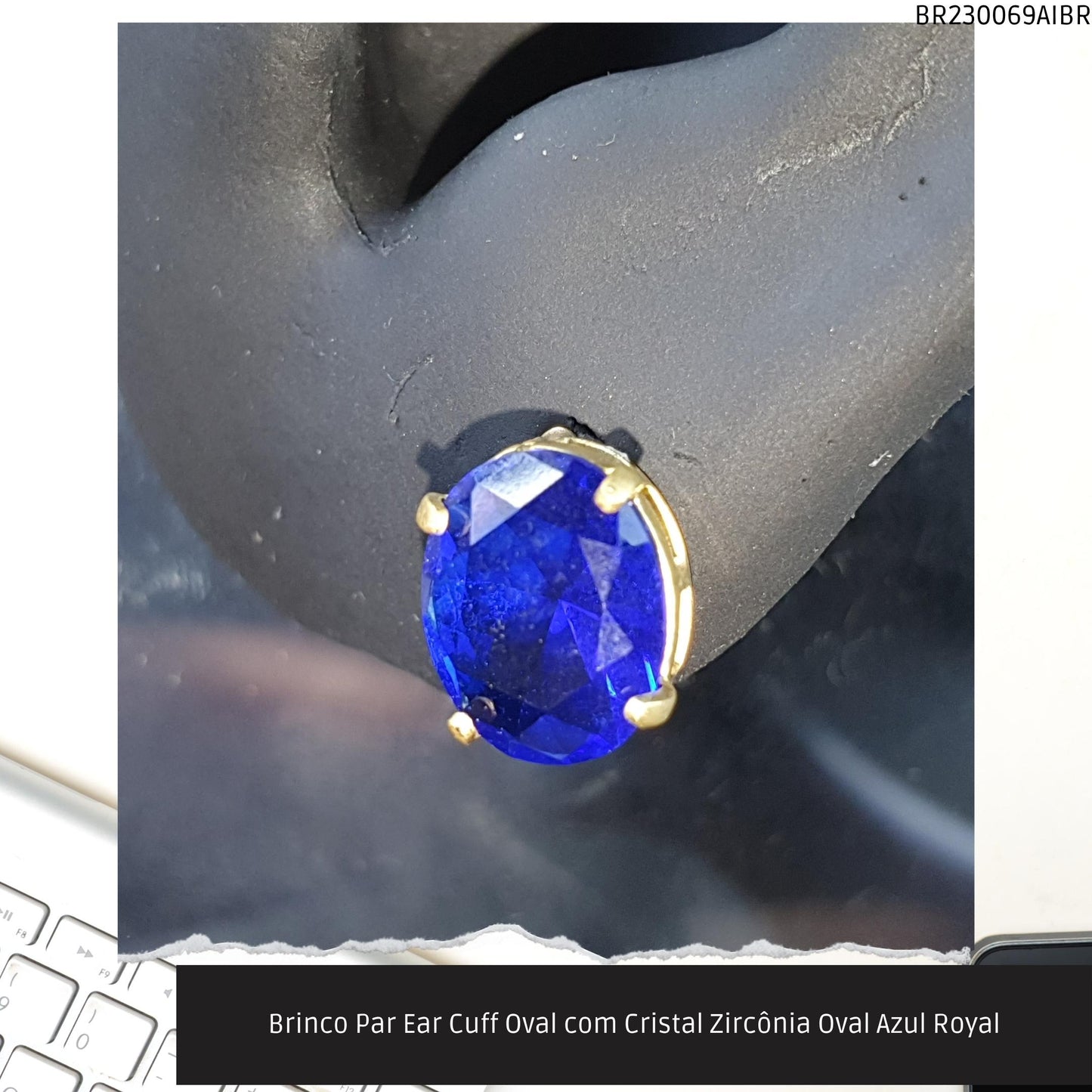 Brinco Par Ear Cuff Oval com Cristal Zircônía Oval Azul Royal  - Código.: BR230069AIBR  - Peso.: 1.6 gr