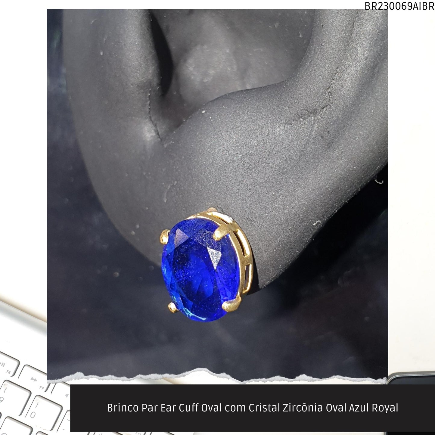 Brinco Par Ear Cuff Oval com Cristal Zircônía Oval Azul Royal  - Código.: BR230069AIBR  - Peso.: 1.6 gr