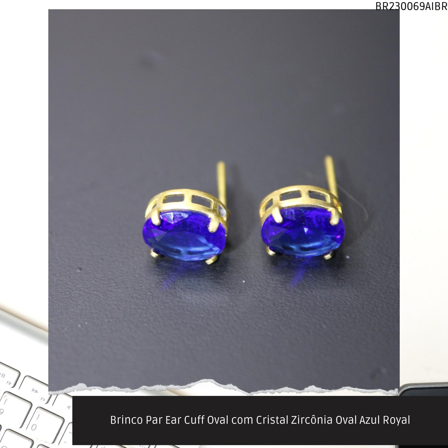 Brinco Par Ear Cuff Oval com Cristal Zircônía Oval Azul Royal  - Código.: BR230069AIBR  - Peso.: 1.6 gr