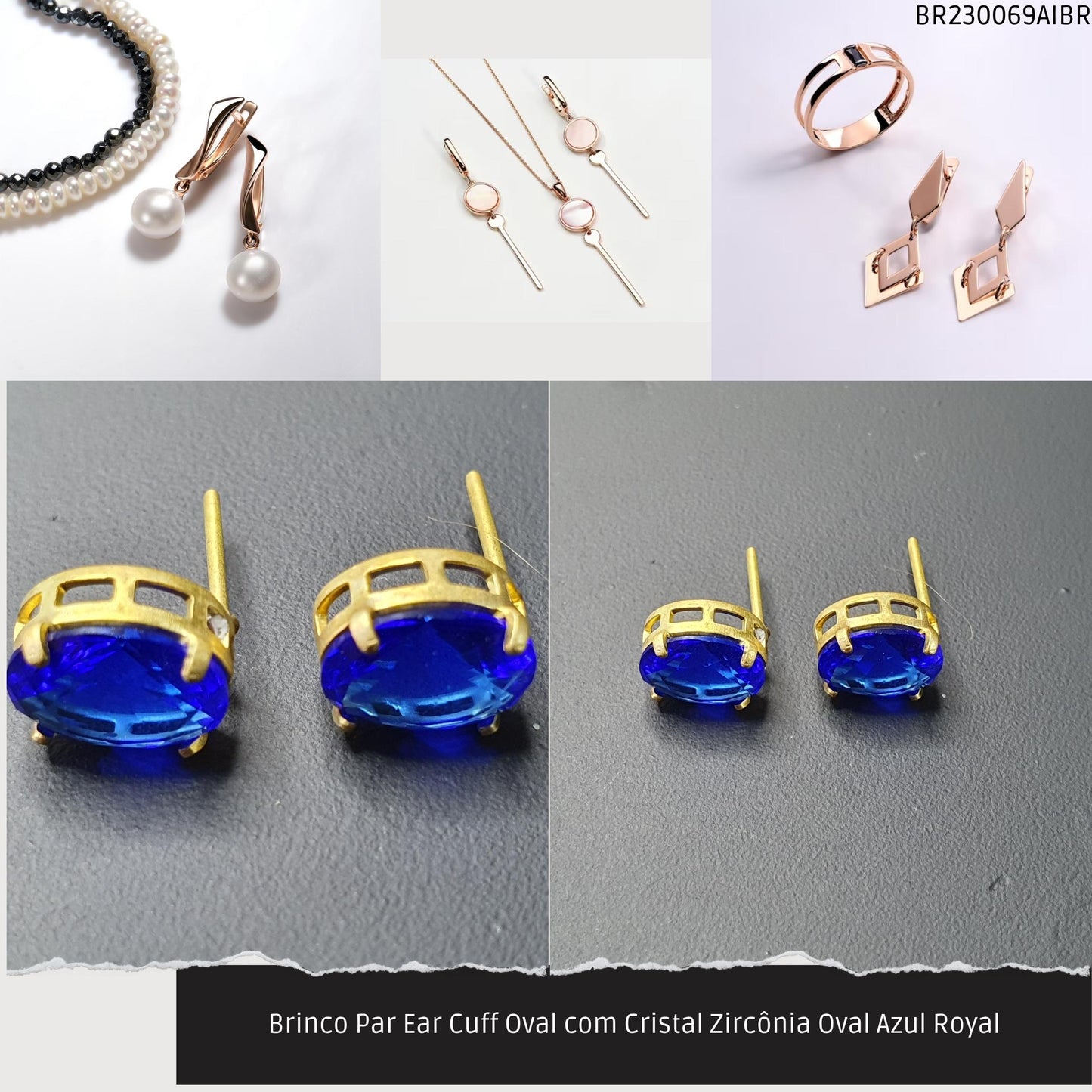 Brinco Par Ear Cuff Oval com Cristal Zircônía Oval Azul Royal  - Código.: BR230069AIBR  - Peso.: 1.6 gr