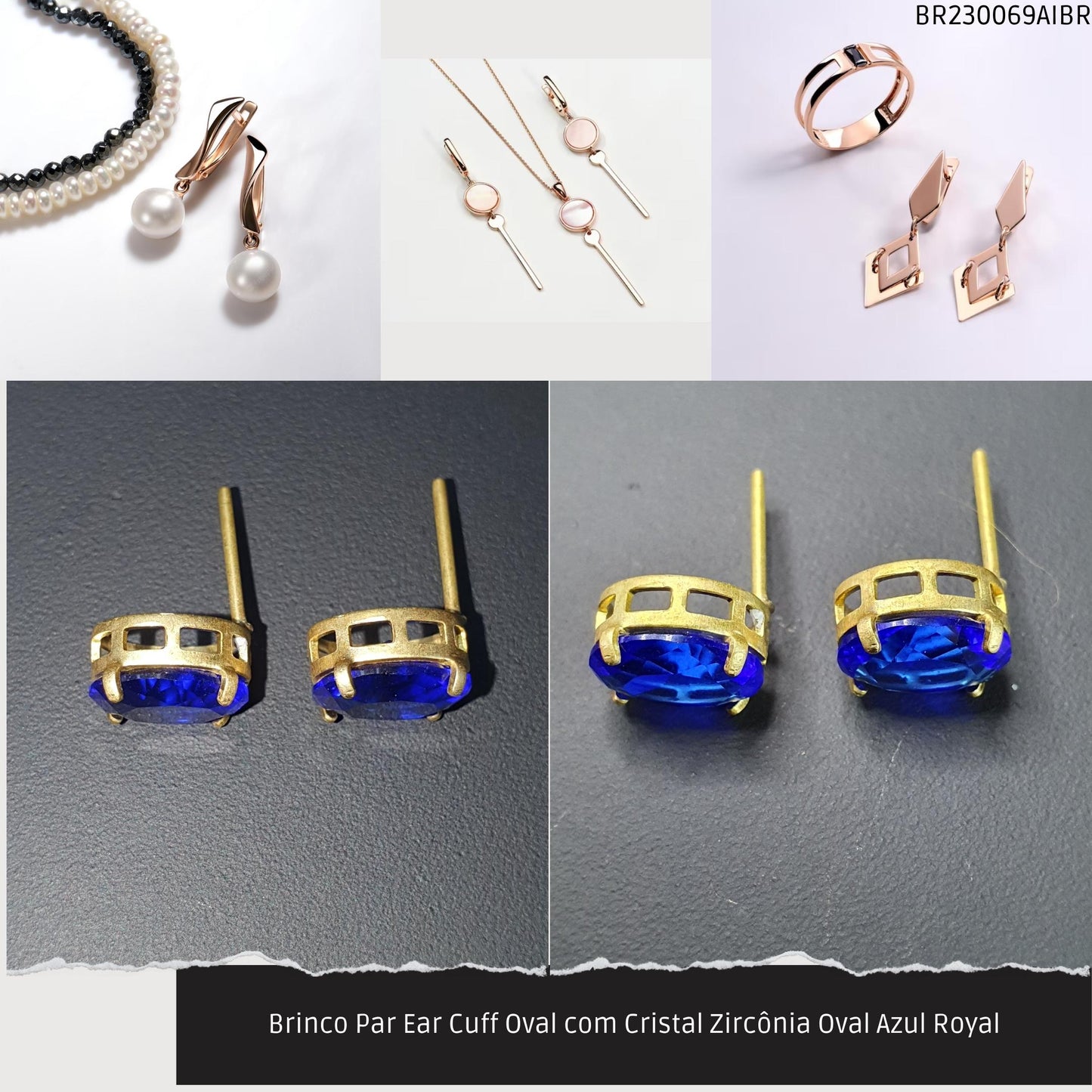 Brinco Par Ear Cuff Oval com Cristal Zircônía Oval Azul Royal  - Código.: BR230069AIBR  - Peso.: 1.6 gr
