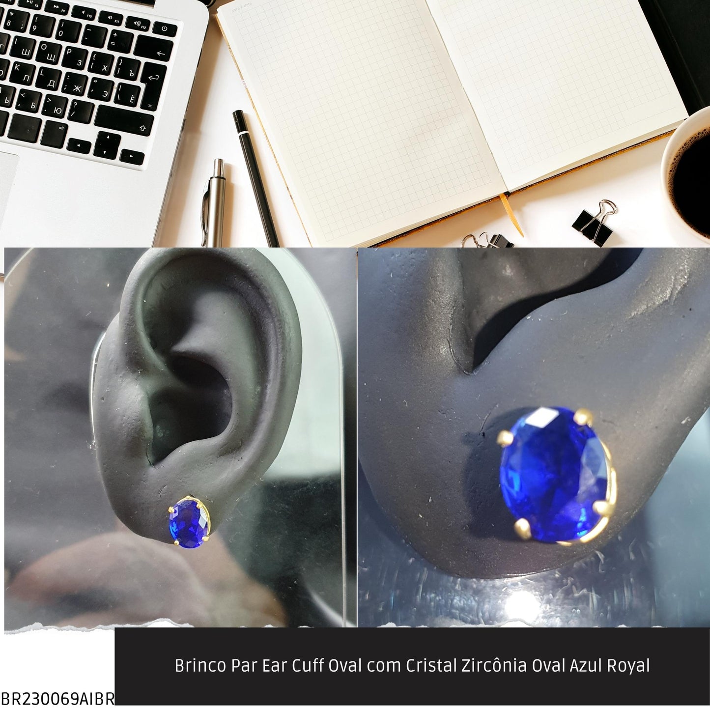 Brinco Par Ear Cuff Oval com Cristal Zircônía Oval Azul Royal  - Código.: BR230069AIBR  - Peso.: 1.6 gr