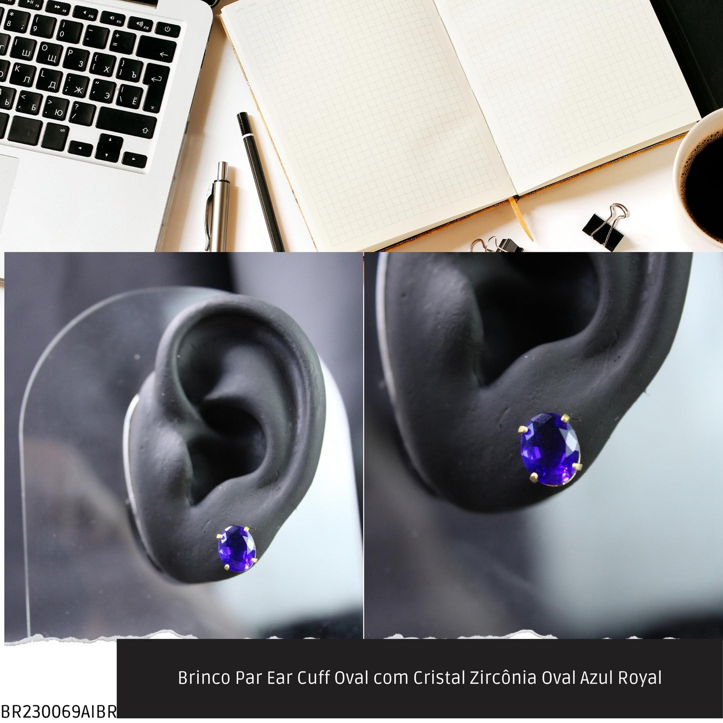 Brinco Par Ear Cuff Oval com Cristal Zircônía Oval Azul Royal  - Código.: BR230069AIBR  - Peso.: 1.6 gr