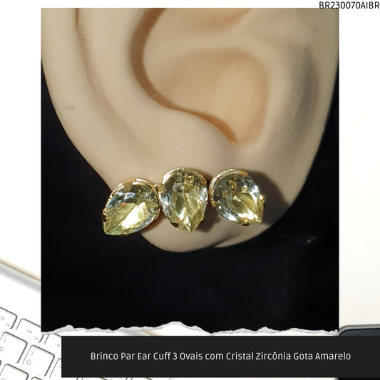 Brinco Par Ear Cuff 3 Ovais com Cristal Zircônia Gota Amarelo  - Código.: BR230070AIBR  - Peso.: 3.1 gr