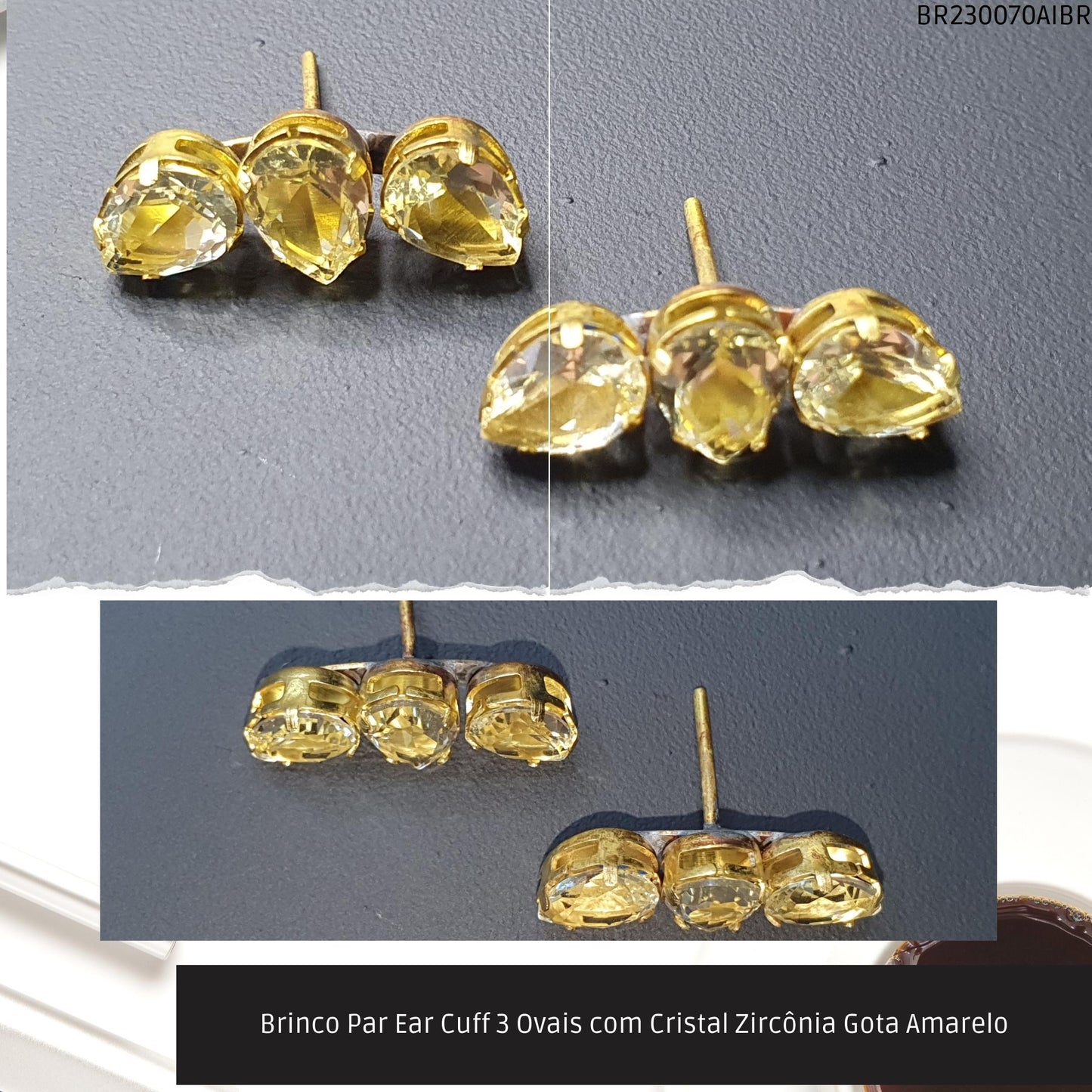Brinco Par Ear Cuff 3 Ovais com Cristal Zircônia Gota Amarelo  - Código.: BR230070AIBR  - Peso.: 3.1 gr