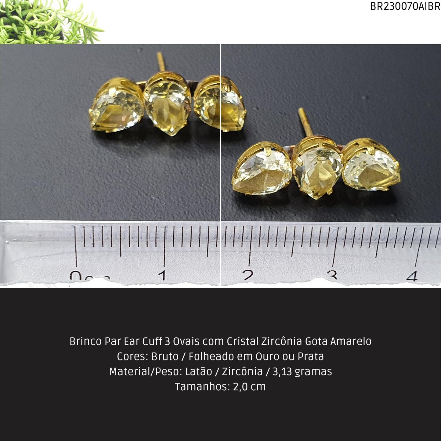 Brinco Par Ear Cuff 3 Ovais com Cristal Zircônia Gota Amarelo  - Código.: BR230070AIBR  - Peso.: 3.1 gr
