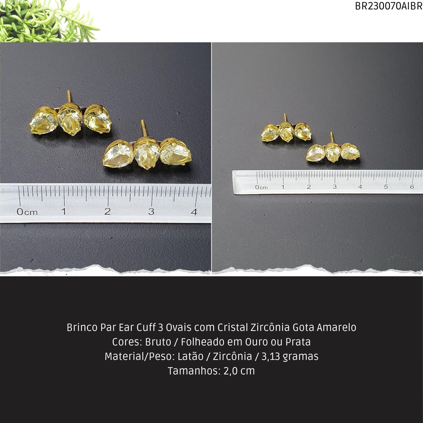 Brinco Par Ear Cuff 3 Ovais com Cristal Zircônia Gota Amarelo  - Código.: BR230070AIBR  - Peso.: 3.1 gr
