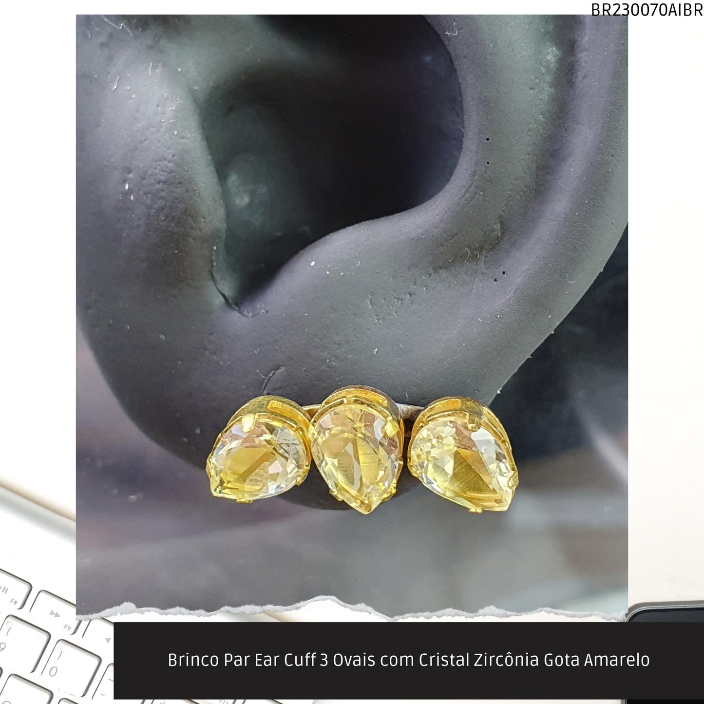 Brinco Par Ear Cuff 3 Ovais com Cristal Zircônia Gota Amarelo  - Código.: BR230070AIBR  - Peso.: 3.1 gr