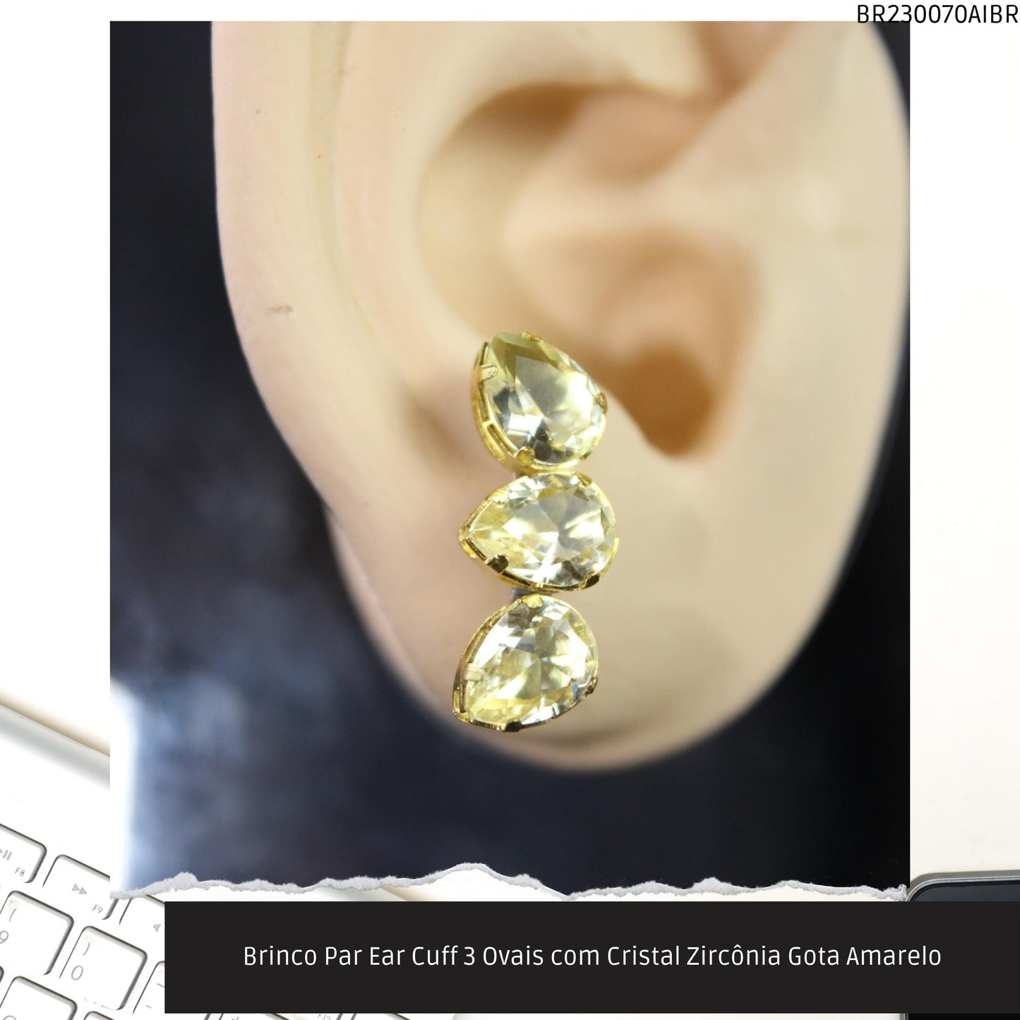 Brinco Par Ear Cuff 3 Ovais com Cristal Zircônia Gota Amarelo  - Código.: BR230070AIBR  - Peso.: 3.1 gr