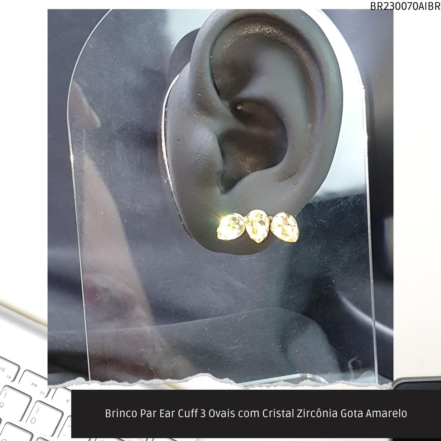 Brinco Par Ear Cuff 3 Ovais com Cristal Zircônia Gota Amarelo  - Código.: BR230070AIBR  - Peso.: 3.1 gr