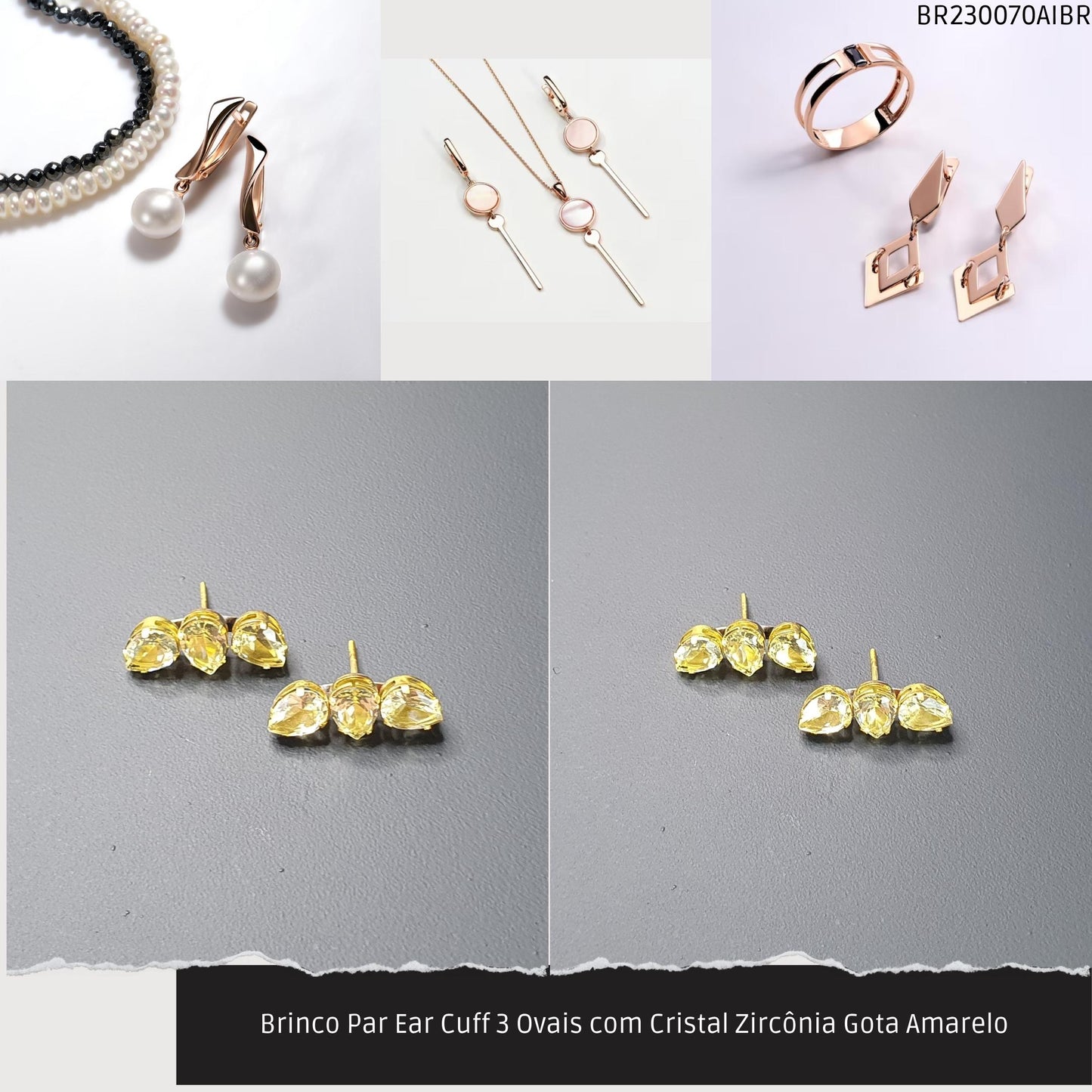 Brinco Par Ear Cuff 3 Ovais com Cristal Zircônia Gota Amarelo  - Código.: BR230070AIBR  - Peso.: 3.1 gr