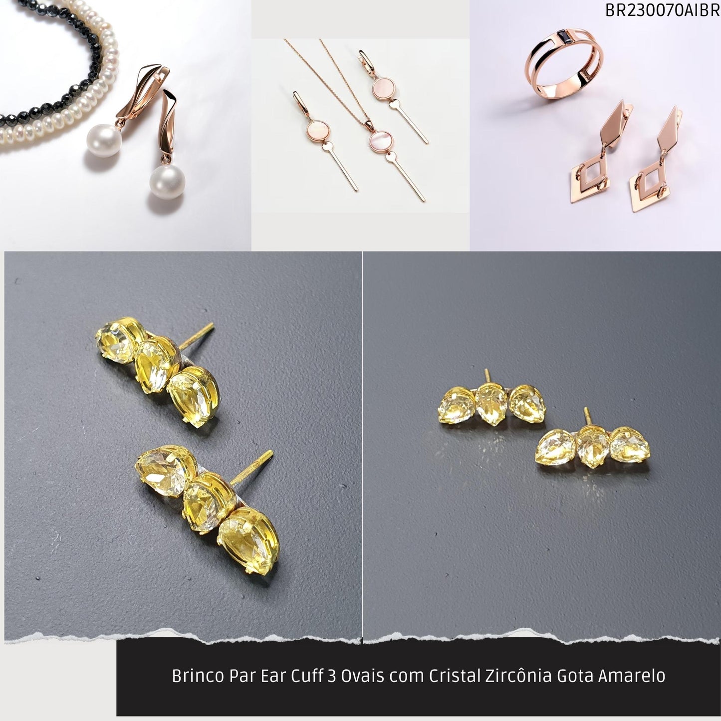 Brinco Par Ear Cuff 3 Ovais com Cristal Zircônia Gota Amarelo  - Código.: BR230070AIBR  - Peso.: 3.1 gr